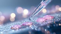 Transparent glass dropper with liquid drop above pink glitter surface against blurred bokeh background, creating magical cosmetic skincare atmosphere.