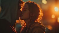 Young African American woman with curly hair in profile against warm golden bokeh lights background creating dreamy atmospheric mood for lifestyle content.
