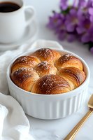 Fresh baked dinner rolls with powdered sugar topping served in white ramekin alongside coffee cup and purple flowers on marble surface for food styling.