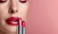 Close-up of woman applying bright red lipstick on glossy lips against pink background, showcasing beauty product for cosmetic advertising.