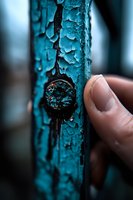 Macro shot of peeling turquoise paint on metal surface with rusty keyhole and finger touching weathered texture, showing decay and passage of time.