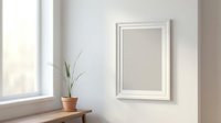 Minimalist white picture frame mockup on clean wall with natural window light and potted plant for interior design presentations.