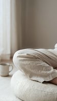 Cozy morning scene with crossed legs in linen pants on neutral sofa, coffee cup nearby. Minimalist home interior with soft natural lighting and beige tones.