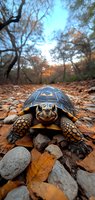 Radiated tortoise walking on rocky autumn path with fallen leaves, close-up view against blurred forest background during sunset.