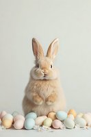 Adorable cream-colored bunny sitting upright with colorful pastel Easter eggs arranged in front on neutral background, perfect for spring holiday designs.