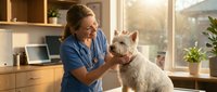 Female veterinarian with stethoscope examining white dog in modern clinic with natural light, suitable for healthcare and pet care marketing.