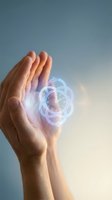 Human hands cupping glowing holographic geometric symbol representing protection, energy healing, spiritual wellness and mindfulness meditation.