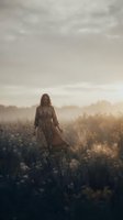 Woman with long brown hair wearing a patterned dress standing in misty wildflower field at golden hour. Atmospheric landscape for editorial, wellness, and lifestyle design projects.