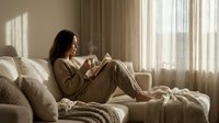 Young woman reading book on cozy sofa by window with natural sunlight streaming through curtains creating peaceful morning atmosphere at home.