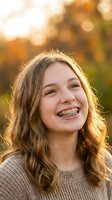 Happy teenage girl with dental braces smiling outdoors in warm golden sunlight during autumn season with bokeh background for orthodontic and youth concepts.