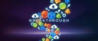 Glowing neon icons arranged in cross formation with breakthrough text, representing innovation, success, and digital transformation on dark background.