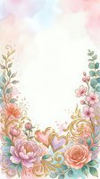 Watercolor floral frame with pink peonies, roses, and eucalyptus leaves adorned with gold ornamental scrolls and heart shapes. Isolated on white background, ready for invitations, greeting cards, and wedding designs.