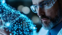 Bearded Caucasian male scientist in glasses examining glowing blue digital DNA structure visualization. Modern genetic research and biotechnology concept.