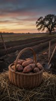 Fresh harvested potatoes in wicker basket on farmland during golden hour sunset with farming tools and plowed field in rural countryside landscape.