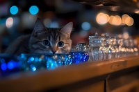 Curious cat peeking over bar counter with blue lighting and glassware, creating magical evening atmosphere with bokeh lights in background.