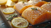 Fresh raw salmon fillets seasoned with sea salt, black pepper and rosemary sprigs, served with sliced lemon on wooden cutting board, close up view.