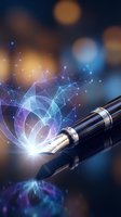 Luxury fountain pen with glowing digital network connections and light effects representing creative writing, innovation and digital transformation concepts.