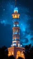 Illuminated minaret with ornate Islamic architecture against starry night sky, glowing with warm light from windows and blue decorative elements, creating magical atmosphere.