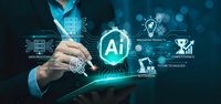 Businessman touching AI artificial intelligence holographic interface with digital icons representing machine learning, data analysis and future technology concepts.