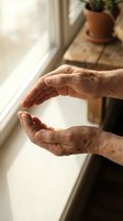 Elderly hands cupped in protective gesture by sunny window, symbolizing care, protection and wisdom in warm natural light for healthcare concepts.
