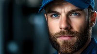 Professional bearded Caucasian male worker in blue cap and uniform with piercing blue eyes looking directly at camera in industrial workplace setting.