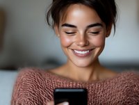 Young Hispanic woman with radiant smile looking at smartphone screen, wearing cozy knit sweater. Natural makeup and casual hairstyle create authentic lifestyle moment.