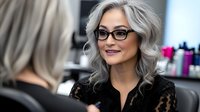 Elegant mature woman with silver hair and glasses smiling in salon, showcasing natural aging beauty during hair appointment.