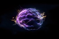 Glowing purple and blue electrical plasma energy ball with lightning bolts and light effects on dark background, abstract power concept for technology designs.