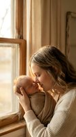 Young Caucasian mother tenderly holding newborn baby by sunny window in cozy home interior with warm natural light creating intimate bonding moment.