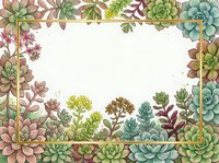Watercolor succulent frame with golden border, lush green and pink plants surrounding white copy space for text or design.