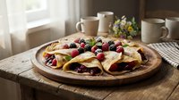 Delicious crepes filled with berry jam topped with fresh raspberries and blackberries on wooden plate in cozy kitchen setting for breakfast menu.