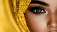 Close up of Middle Eastern woman's eye with dramatic makeup and golden hijab with sparkles, showing intense green eye color against warm yellow fabric background.