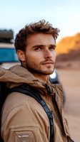 Young Caucasian male model in beige outdoor jacket looking into distance against desert landscape at sunset. Athletic build, styled brown hair and facial stubble create adventurous mood.