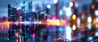 Modern city skyline with colorful lights reflecting on water surface at night, creating vibrant urban panorama with bokeh effect.