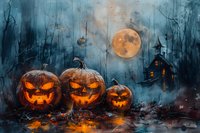 Glowing jack-o-lanterns with carved faces illuminate misty forest at night, haunted house and full moon in background creating spooky Halloween atmosphere.