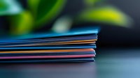 Stack of colorful credit cards with blurred green background, macro view showing layered plastic edges in blue, orange and pink tones for financial concepts.