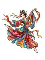 Elegant Asian female deity in flowing red, blue, and gold robes with ribbons, isolated on white background. Suitable for cultural designs, textiles, and decorative applications.