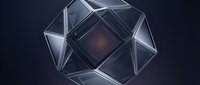 Abstract geometric crystal structure with interconnected transparent and dark facets forming a complex polyhedron shape against dark background for modern design projects.