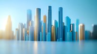 Modern cityscape with tall skyscrapers reflecting in calm water at sunrise, blue glass buildings creating minimalist urban silhouette against morning sky.