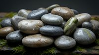 Smooth wet river stones in natural earth tones with water droplets, perfect for spa wellness meditation zen garden landscaping and natural decoration projects.