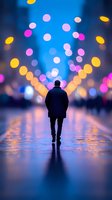 Silhouette of man walking alone on wet city street at night with colorful bokeh lights creating magical atmosphere. Reflections on pavement create dreamy urban scene.