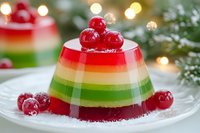 Festive rainbow layered jelly dessert topped with cranberries on white plate with Christmas lights and pine branches creating holiday atmosphere for celebrations.