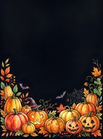 Autumn harvest border with carved jack-o-lantern pumpkins, fall foliage, corn, and bats on dark background. Isolated design element for seasonal greeting cards and Halloween decorations.