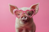 Adorable pig wearing pink heart-shaped sunglasses on pastel background for Valentine's Day greeting cards, romantic designs and love-themed projects.
