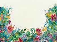 Vibrant watercolor floral border with colorful blooms and swirling leaves, framing a white copy space for greeting cards and invitations.