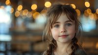Young Caucasian girl with braided hair and bright eyes smiling warmly against blurred golden bokeh lights background, creating magical childhood portrait atmosphere.