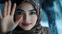 Young Muslim woman in hijab waving hello with friendly smile, winter portrait with snow background for greeting cards and social media content.