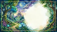 Enchanted fairy tale forest frame with magical castle, crescent moon and mystical pathway creating fantasy border for text or design elements.
