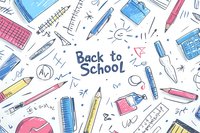 Hand drawn school supplies and stationery items scattered on white background with text Back to School in doodle style with pink and blue color accents.