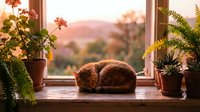 Ginger cat resting on wooden windowsill with potted plants and ferns, gazing at sunset landscape view through window pane during golden hour.